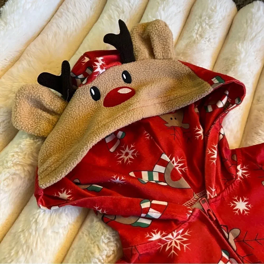Christmas Reindeer‎ print Hooded zip up pajama outfit